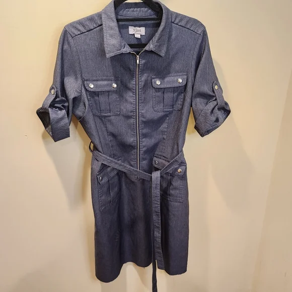 Nicci Navy Blue Denim Midi Belted Dress With Pockets Size 14p - Picture 6 of 12